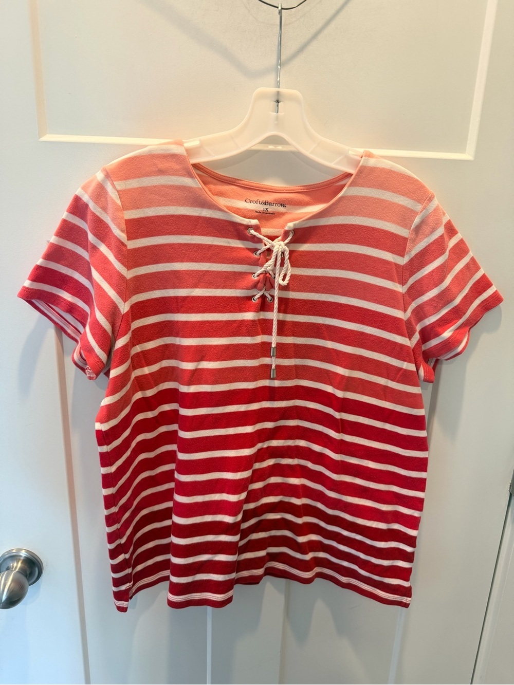 Croft & Barrow 1X Pink Coral White Striped Lace Up Neck Cotton Short Sleeve Top